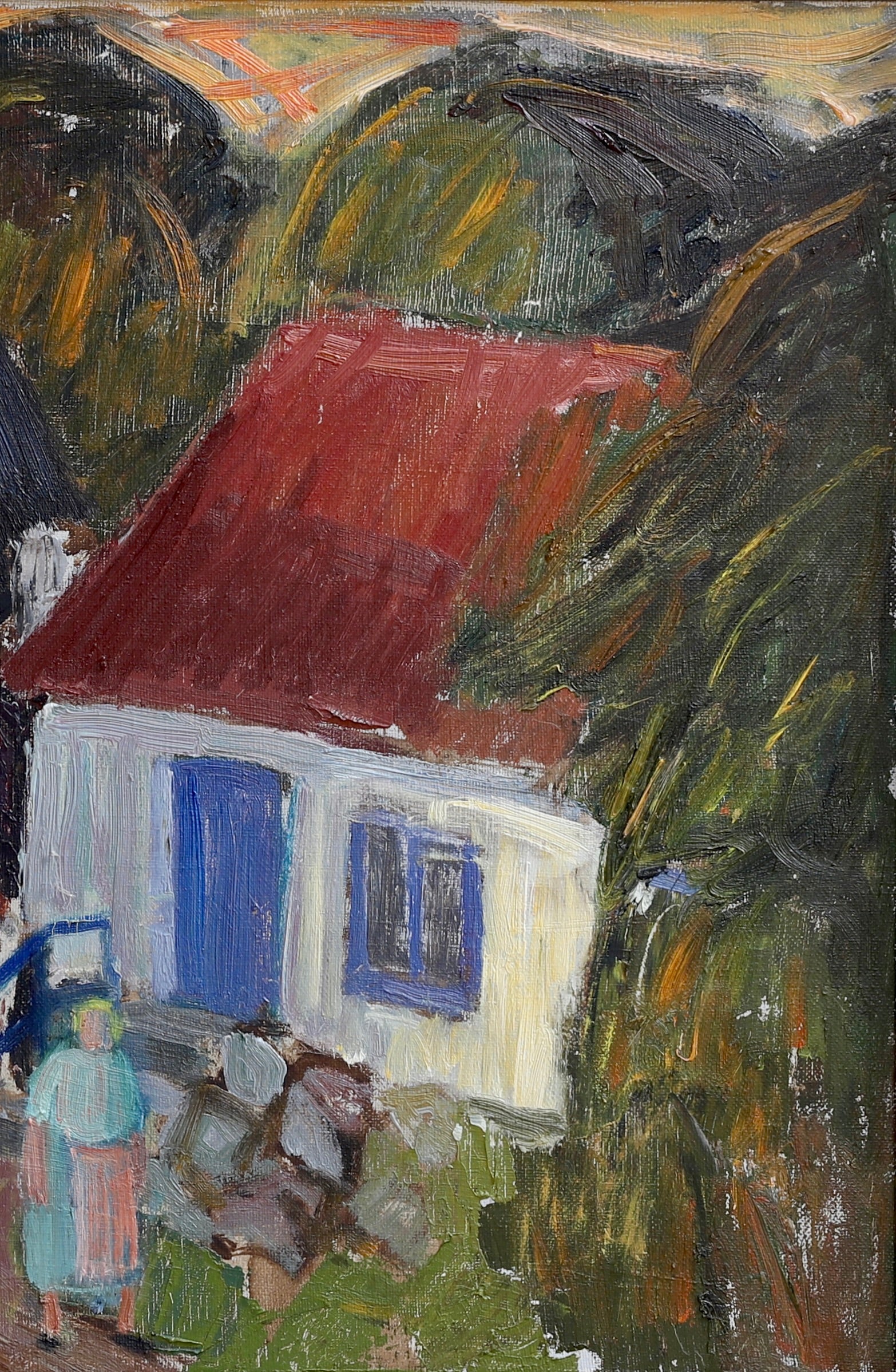 Vintage Mid Century Village Oil Painting from Sweden