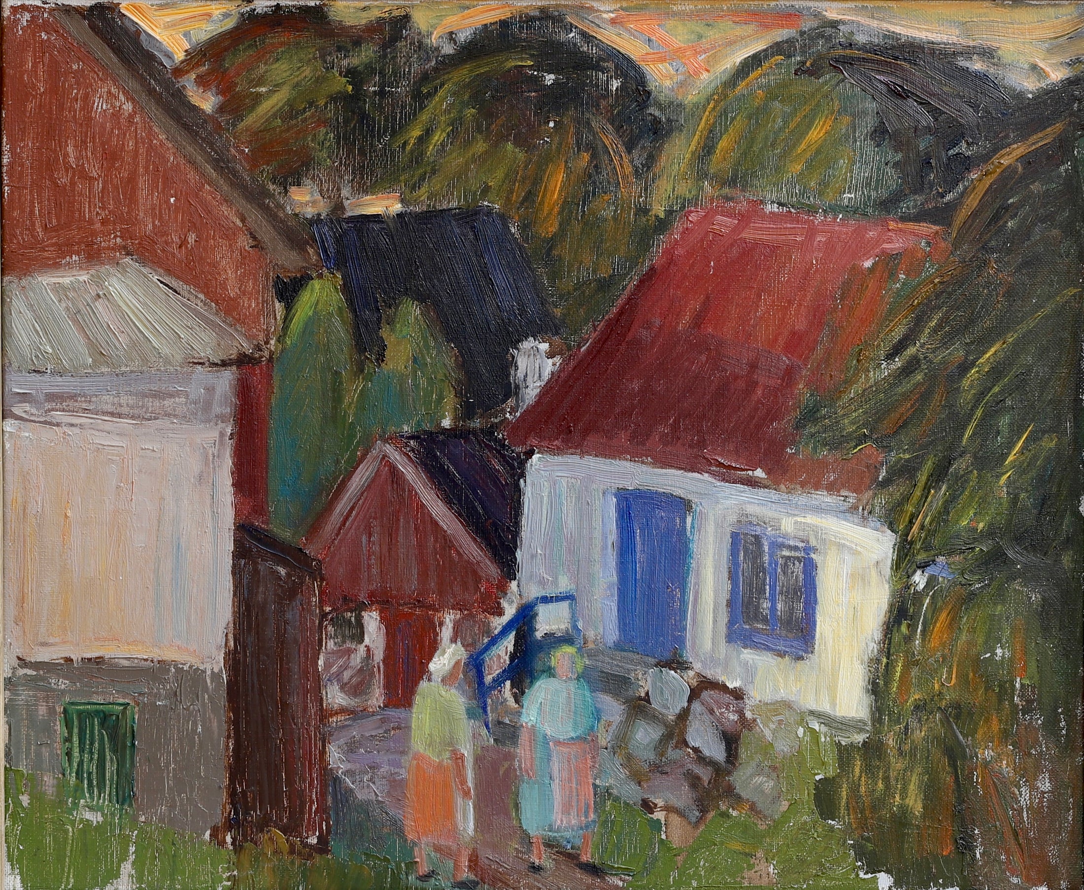 Vintage Mid Century Village Oil Painting from Sweden