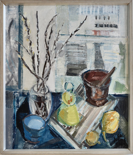 Mid Century Interior Oil Painting by Listed Artist E Julius Sweden
