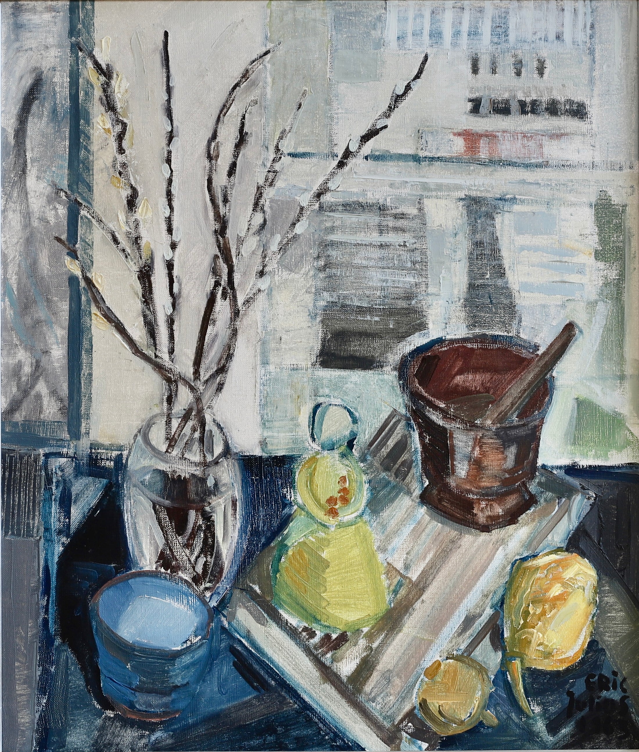 Mid Century Interior Oil Painting by Listed Artist E Julius Sweden