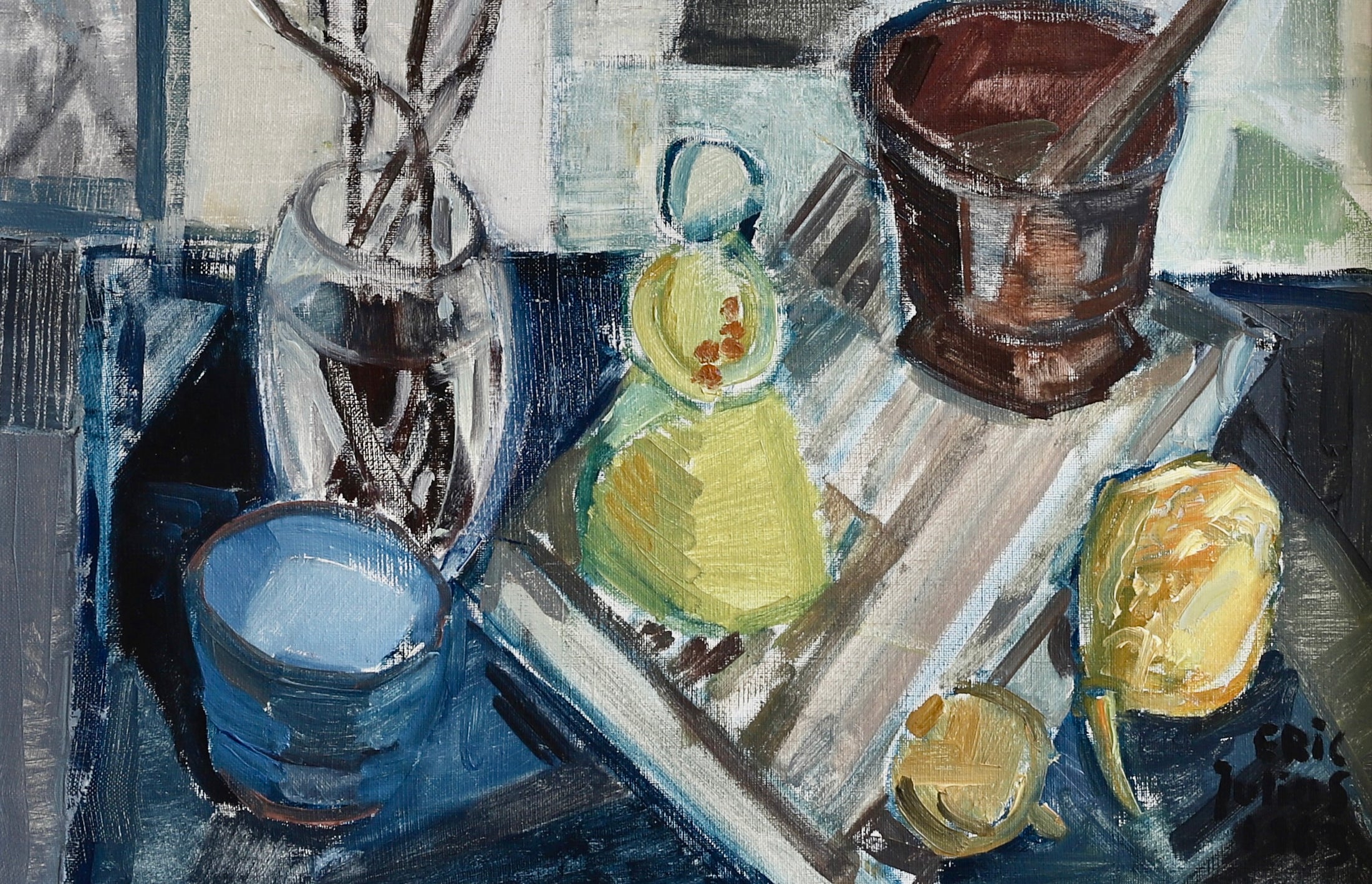 Mid Century Interior Oil Painting by Listed Artist E Julius Sweden