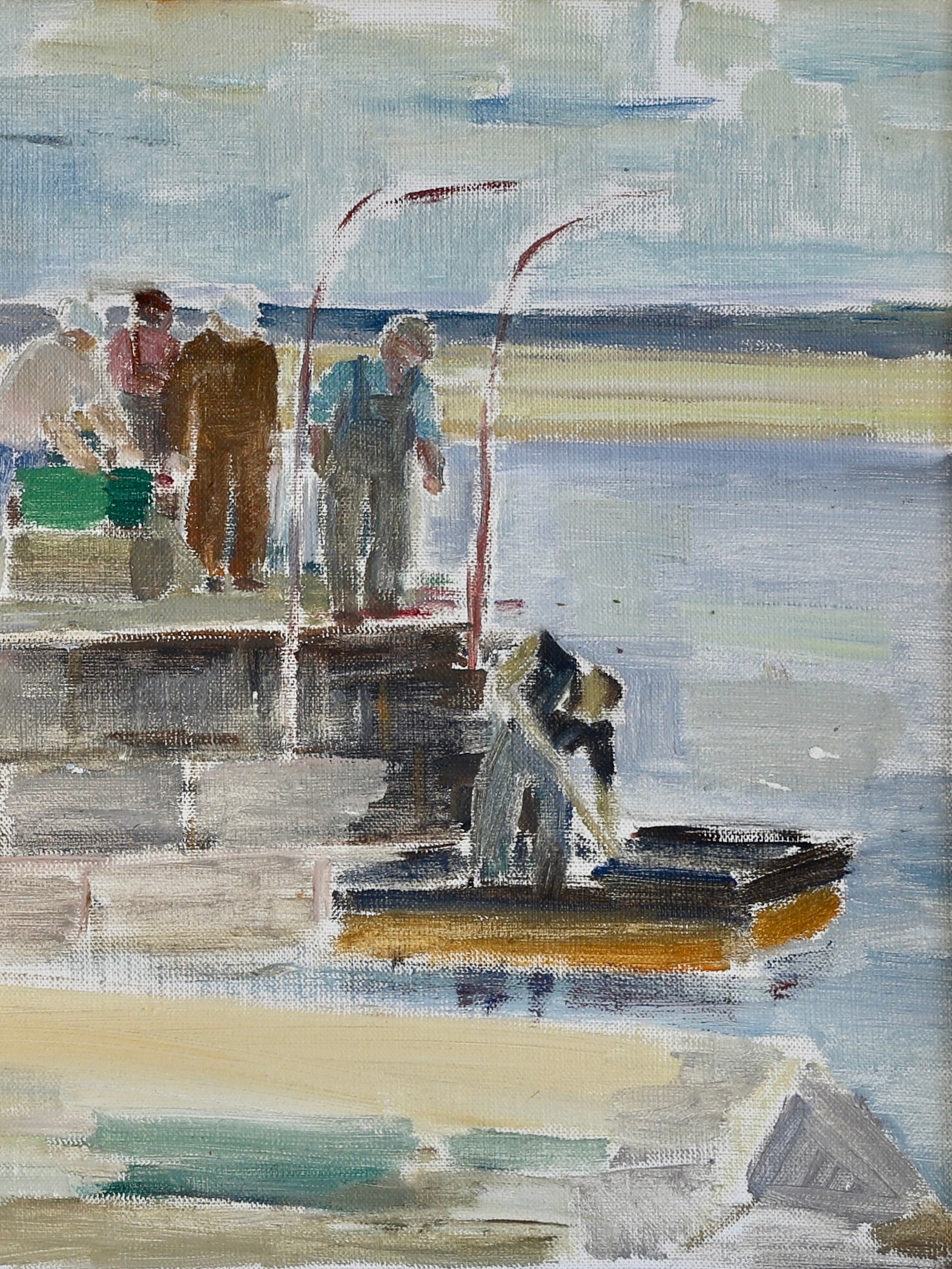Vintage Art Room Mid Century Harbor Oil Painting From Sweden