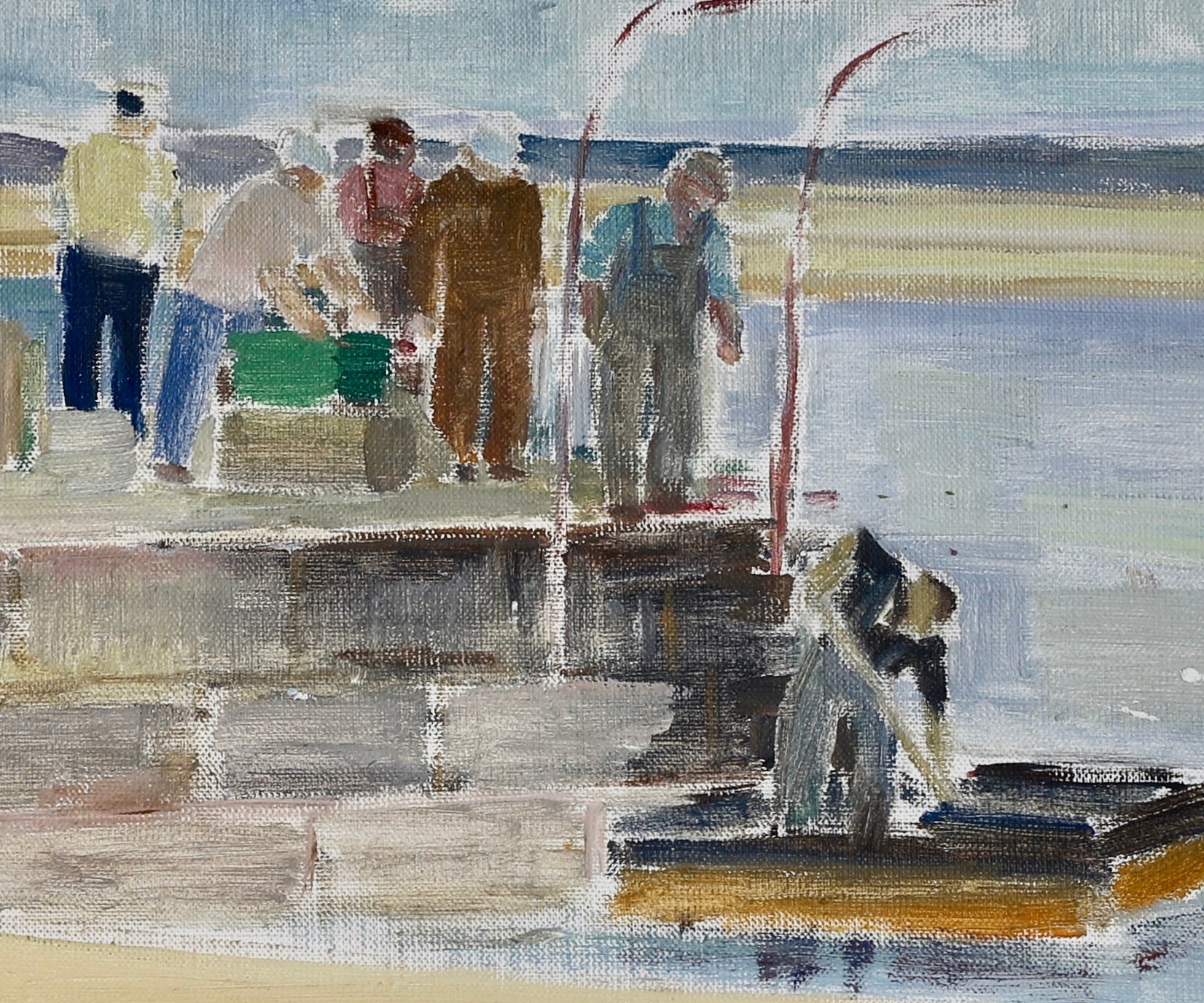 Vintage Art Room Mid Century Harbor Oil Painting From Sweden