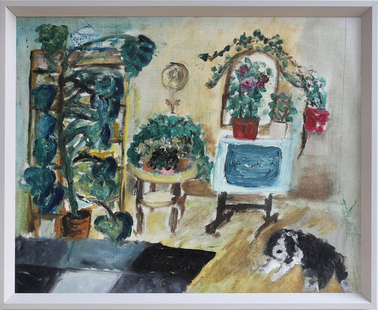 Vintage Art Mid Century Interior Scene with Dog From Sweden