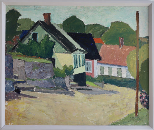 Vintage Mid Century Village Oil Painting from Sweden