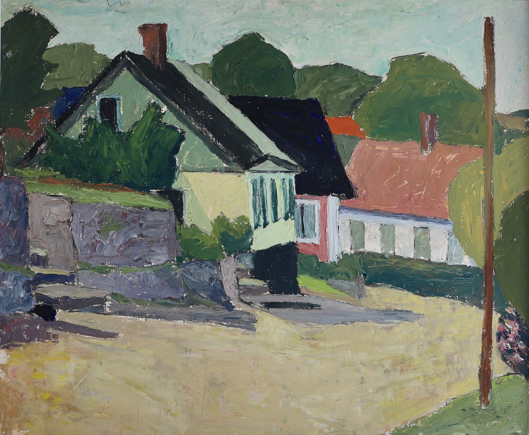 Vintage Mid Century Village Oil Painting from Sweden