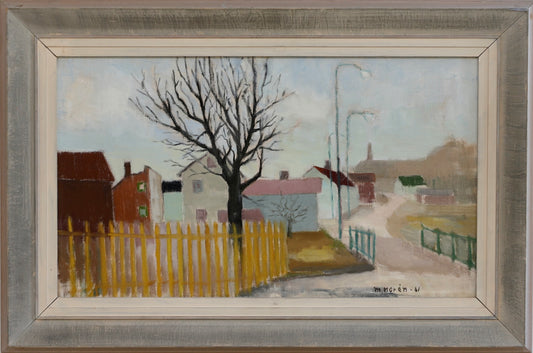 Vintage Mid Century Village Oil Painting from Sweden 1961