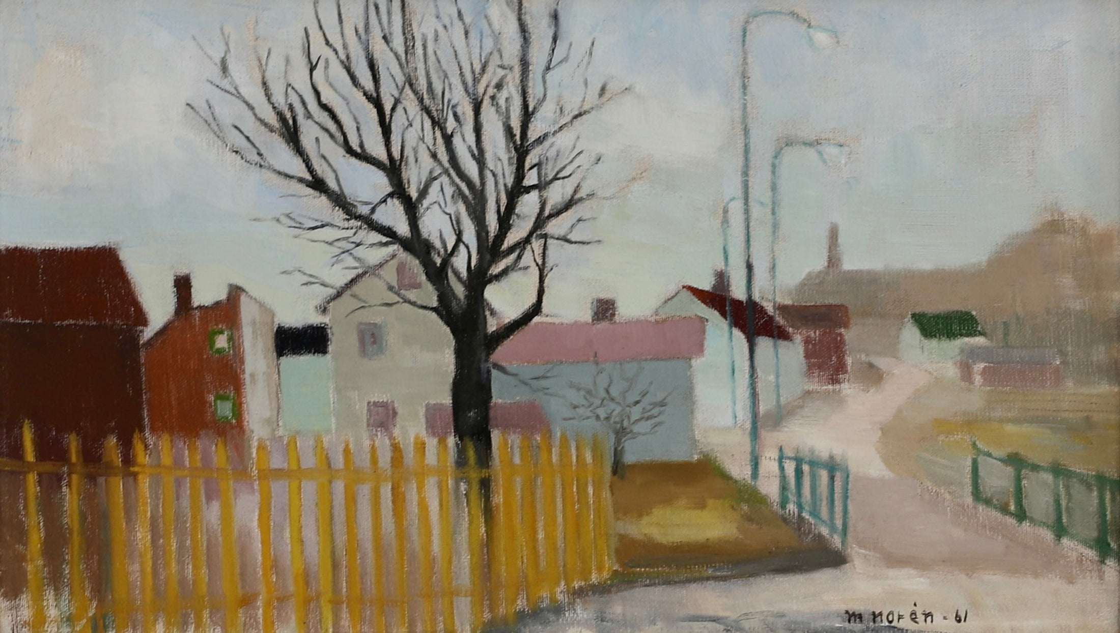 Vintage Mid Century Village Oil Painting from Sweden 1961
