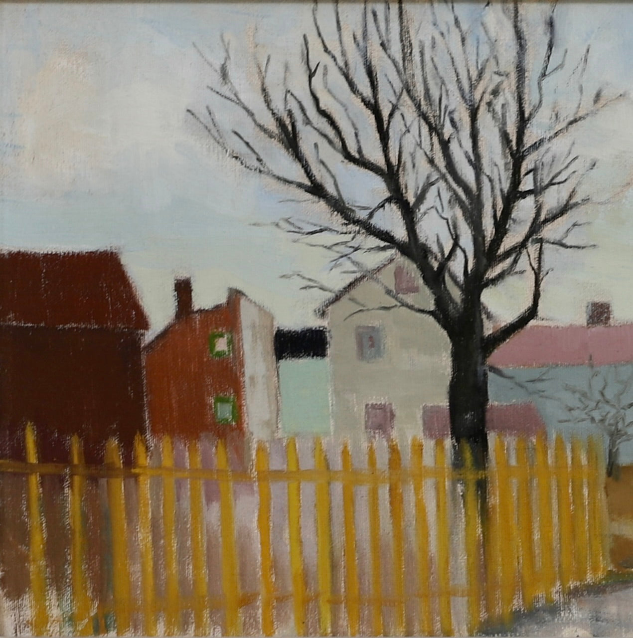 Vintage Mid Century Village Oil Painting from Sweden 1961