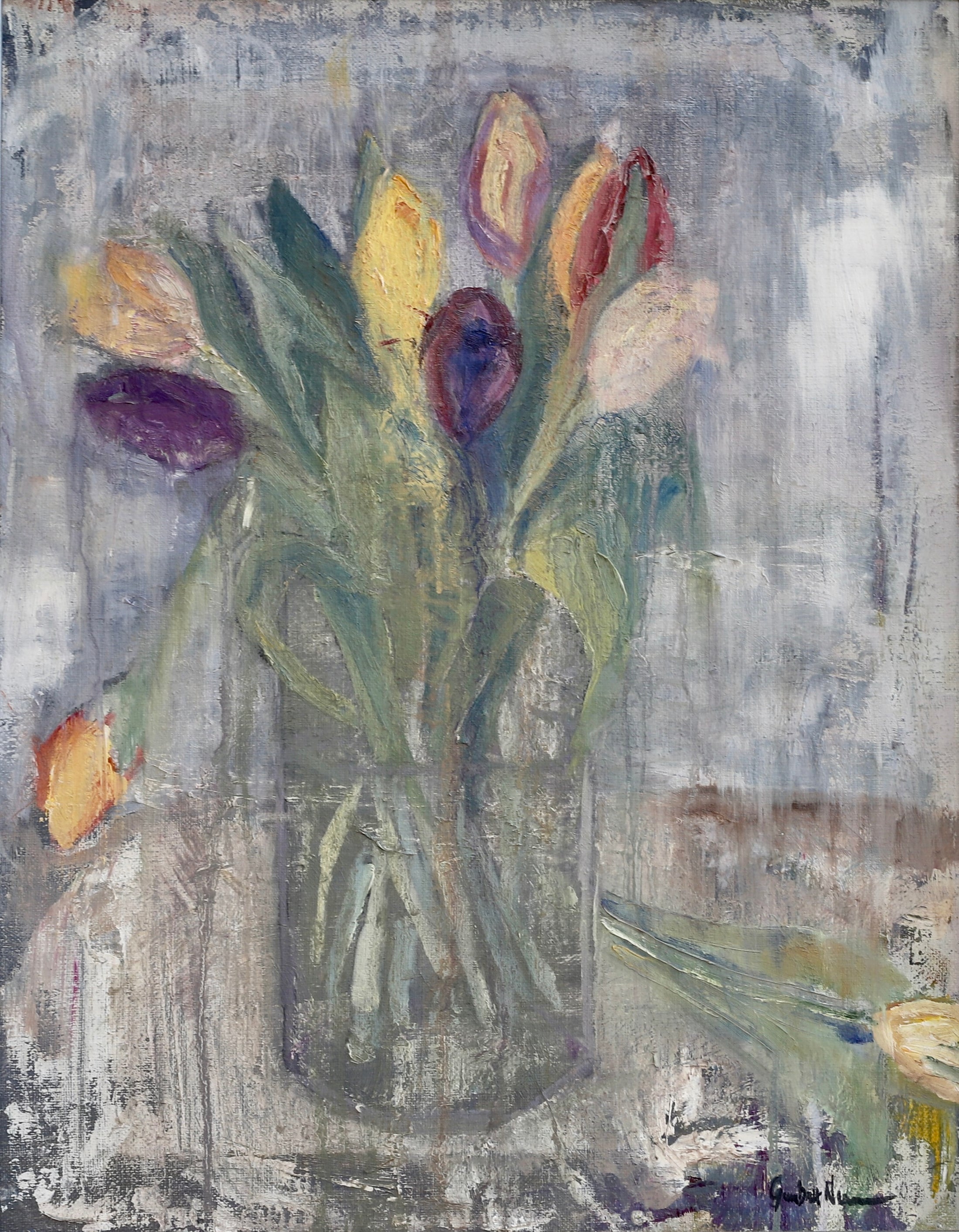 Mid Century Original Still Life Oil Painting of Tulips From Sweden