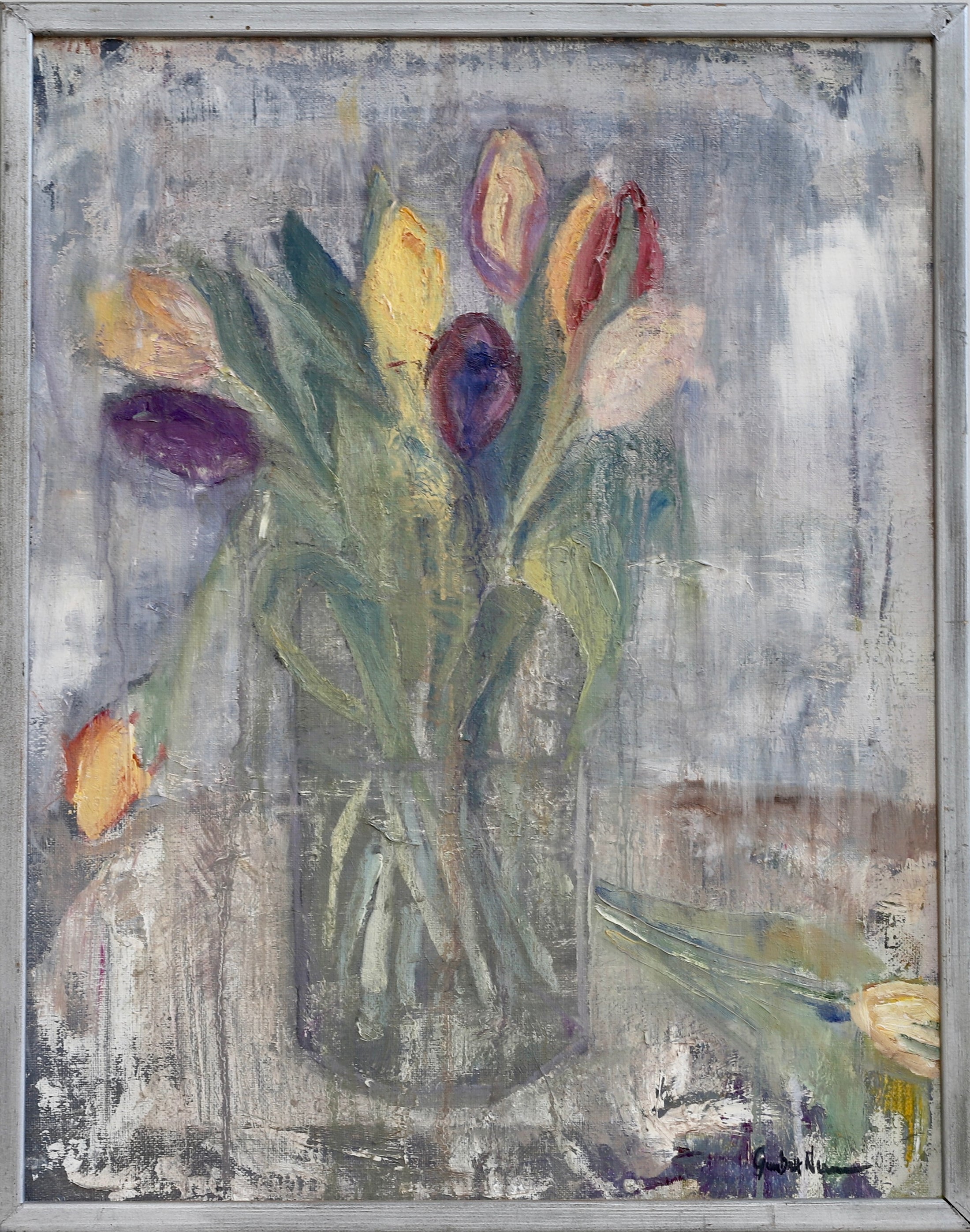 Mid Century Original Still Life Oil Painting of Tulips From Sweden