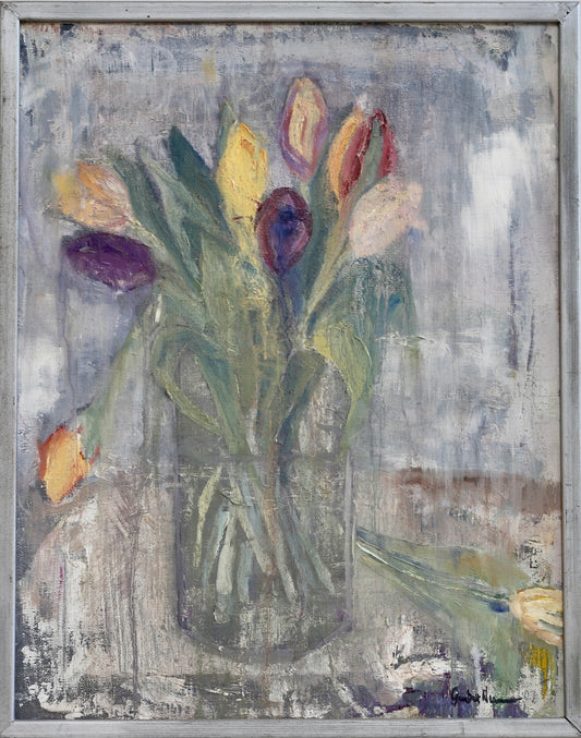 Mid Century Original Still Life Oil Painting of Tulips From Sweden