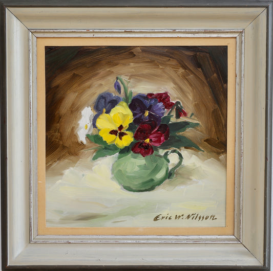Vintage Art Room Pansy Still Life Oil Painting From Sweden