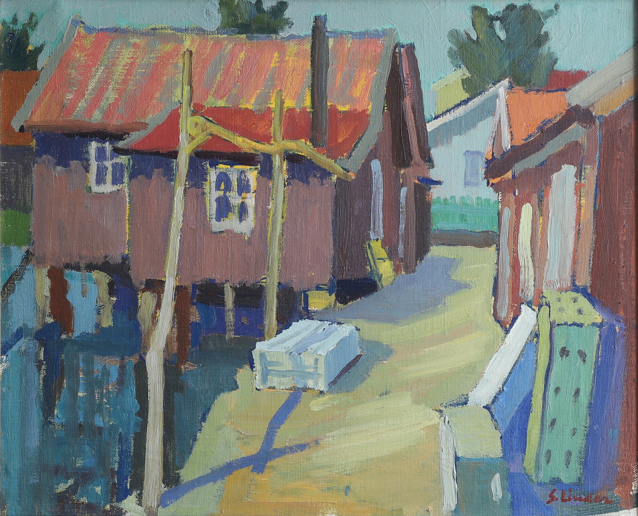 Mid Century Vintage Harbor Painting from Sweden