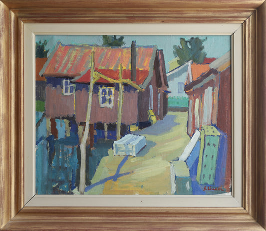 Mid Century Vintage Harbor Painting from Sweden
