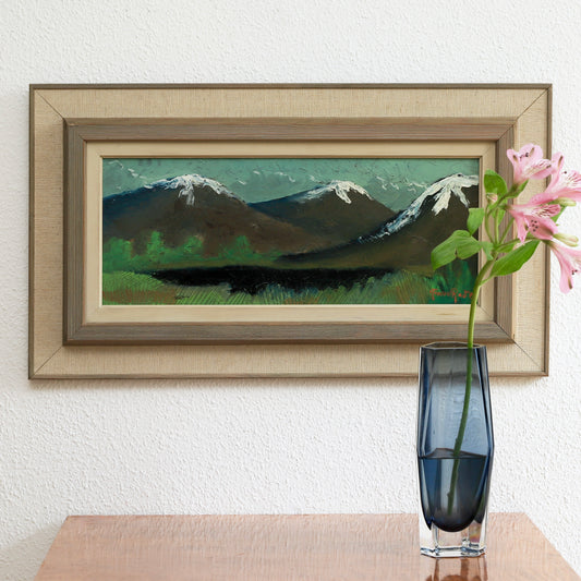 Vintage Mid Century Original Oil Painting of Snow Capped Mountain Peaks from Sweden