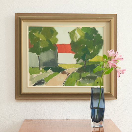 Vintage Mid Century Original Farmhouse Oil Painting from Sweden