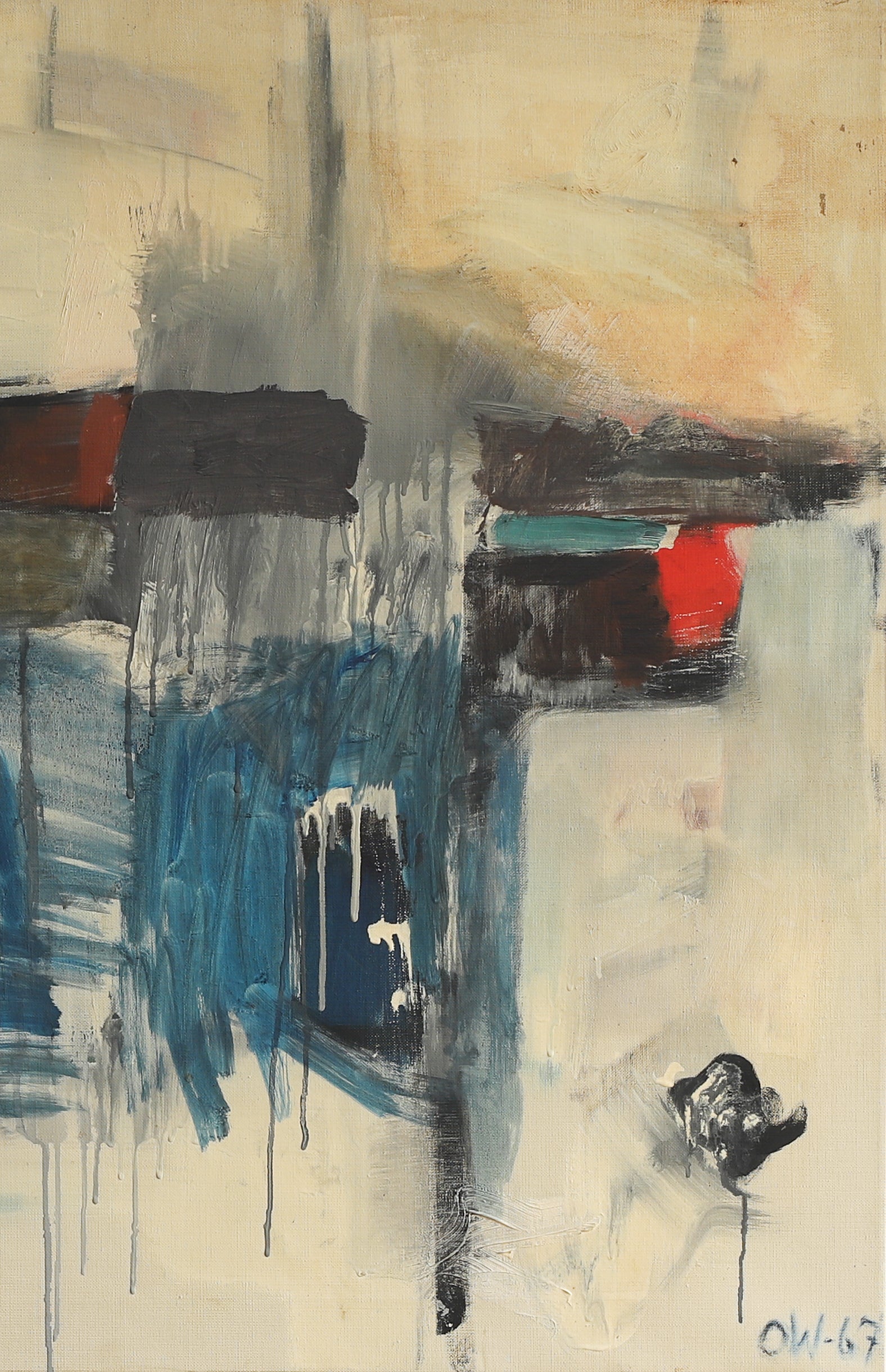 Large Mid Century Abstract Oil Painting from Sweden 1967