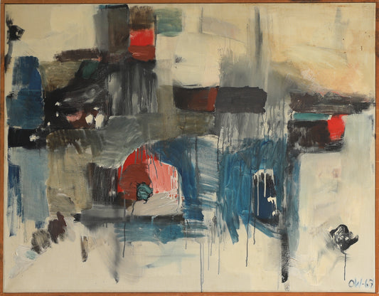 Large Mid Century Abstract Oil Painting from Sweden 1967