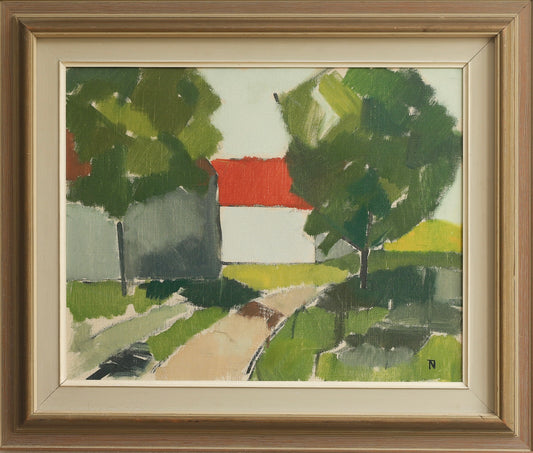 Vintage Mid Century Original Farmhouse Oil Painting from Sweden