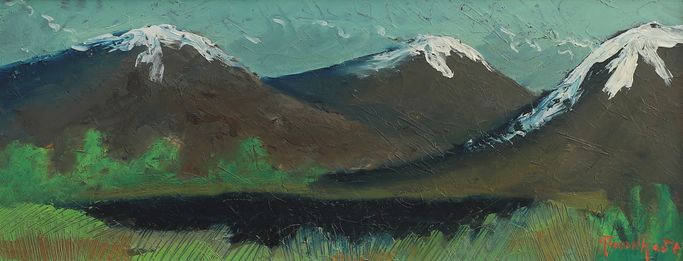 Vintage Mid Century Original Oil Painting of Snow Capped Mountain Peaks from Sweden