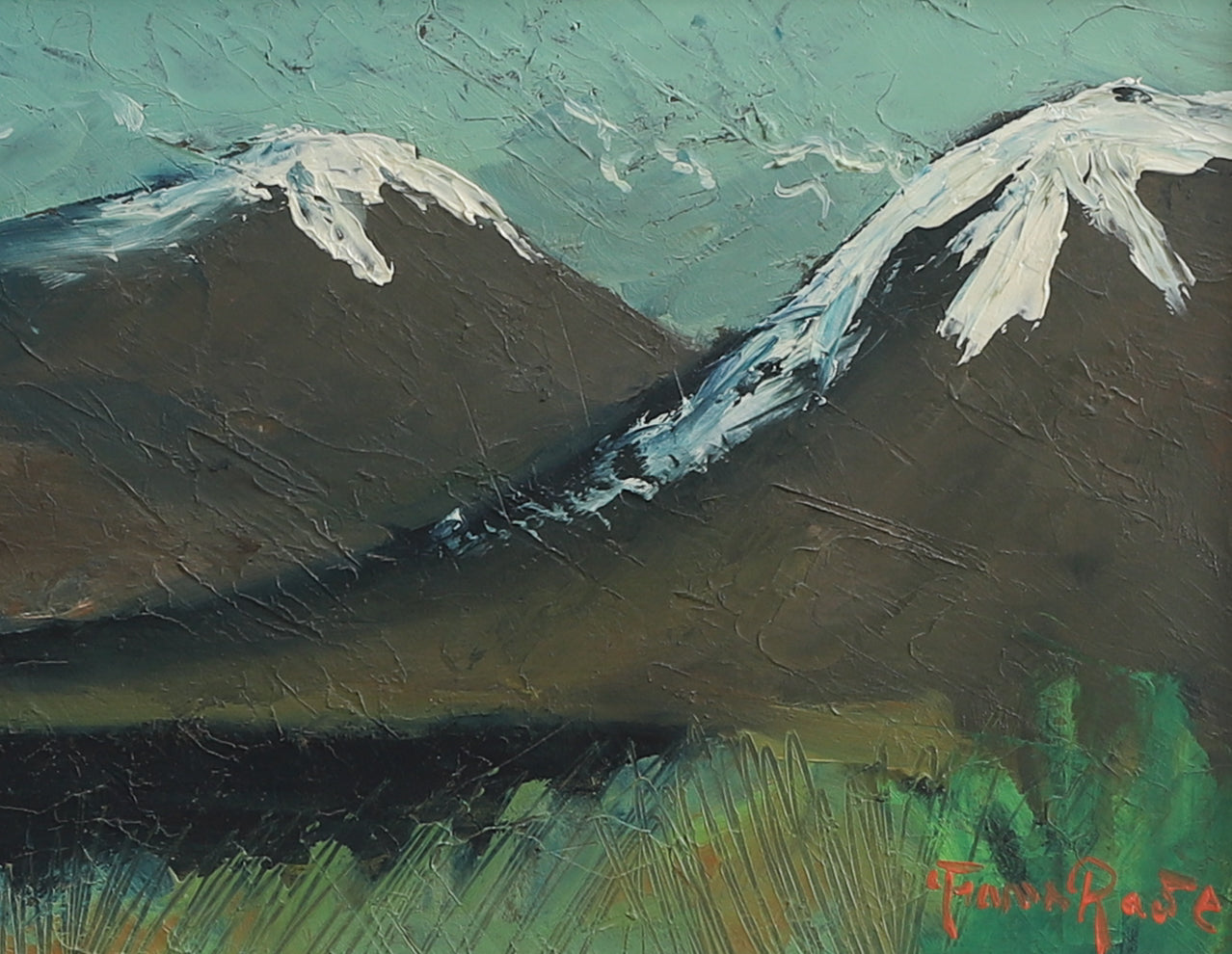 Vintage Mid Century Original Oil Painting of Snow Capped Mountain Peaks from Sweden