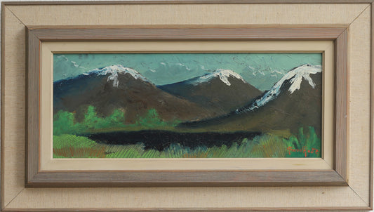Vintage Mid Century Original Oil Painting of Snow Capped Mountain Peaks from Sweden