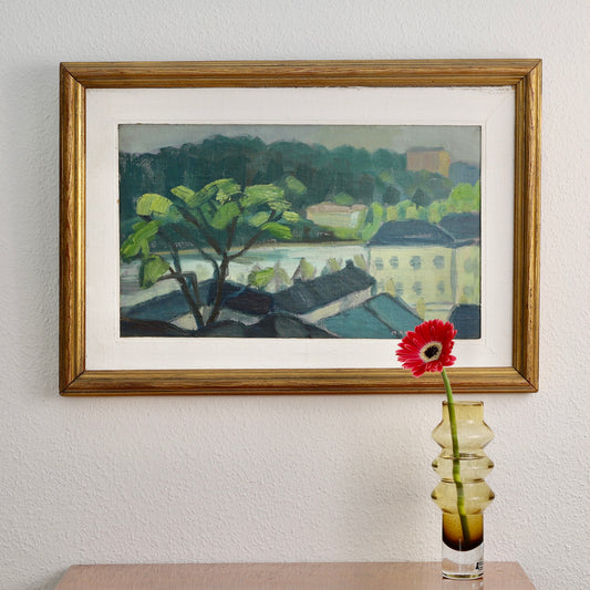 Vintage Mid century Original Cityscape Oil Painting from Sweden
