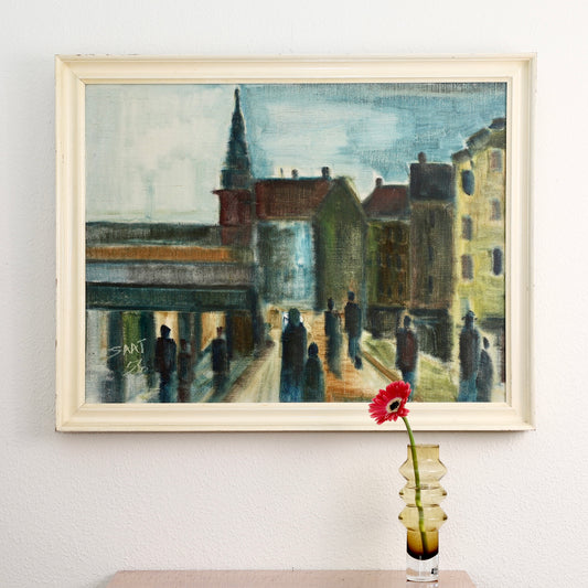 Mid Century Vintage Cityscape Oil Painting from Sweden 1956
