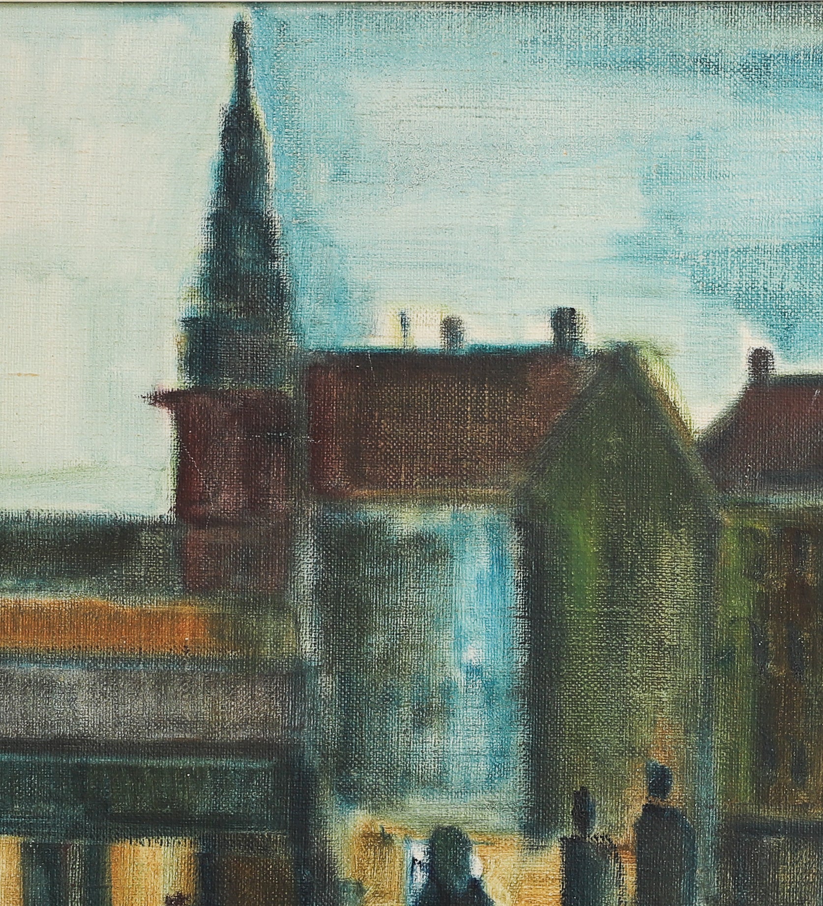 Mid Century Vintage Cityscape Oil Painting from Sweden 1956
