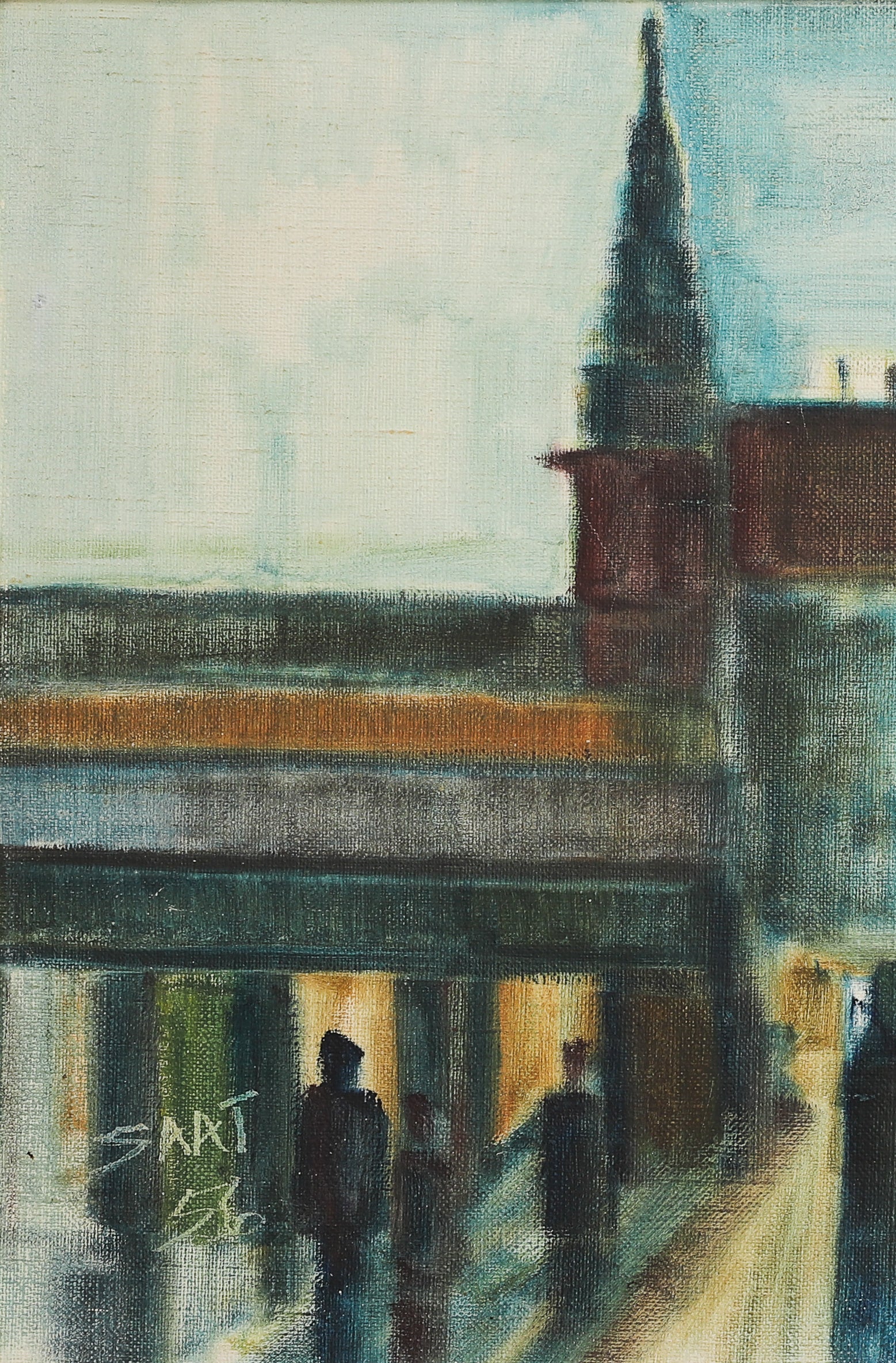 Mid Century Vintage Cityscape Oil Painting from Sweden 1956