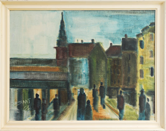 Mid Century Vintage Cityscape Oil Painting from Sweden 1956