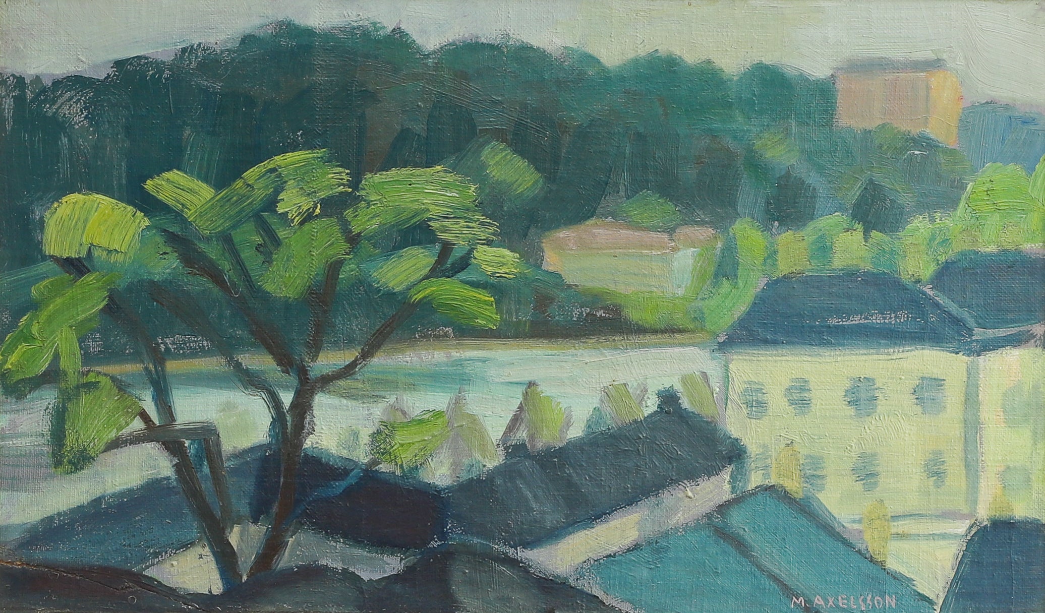 Vintage Mid century Original Cityscape Oil Painting from Sweden