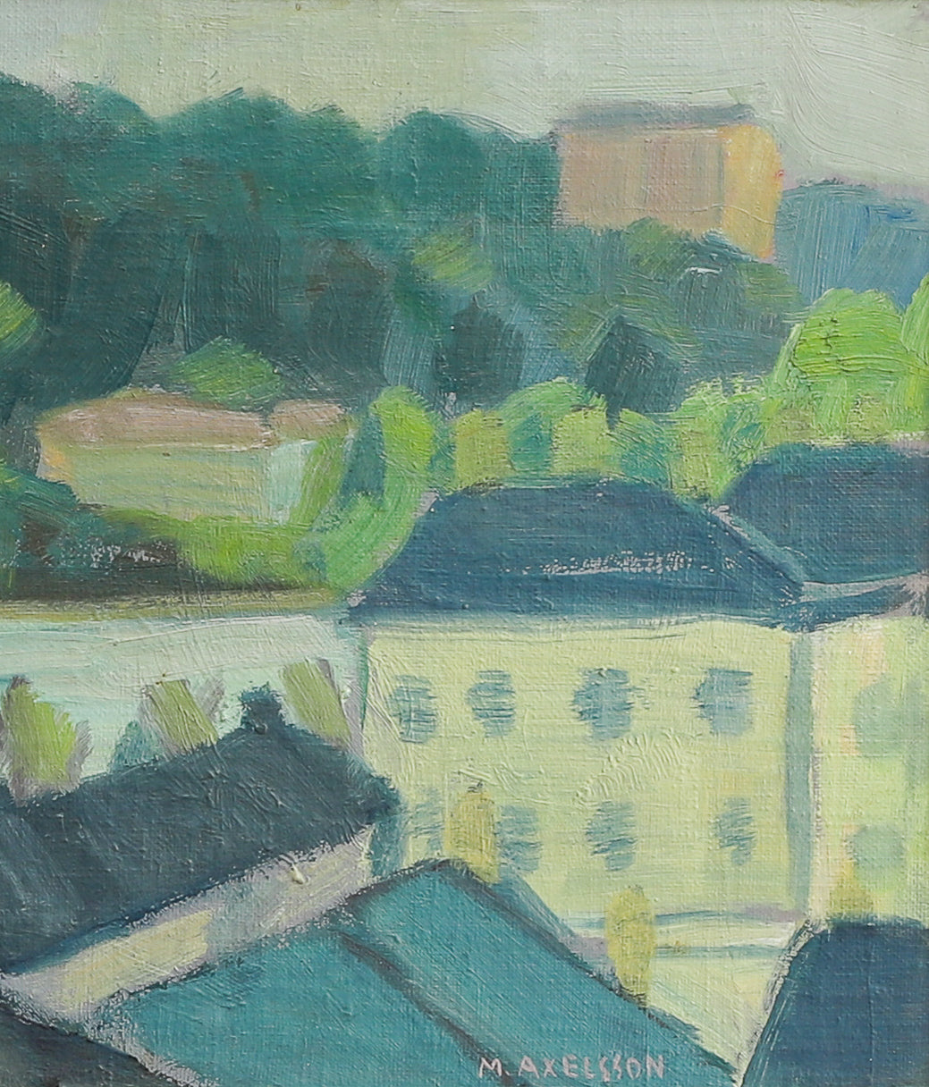 Vintage Mid century Original Cityscape Oil Painting from Sweden