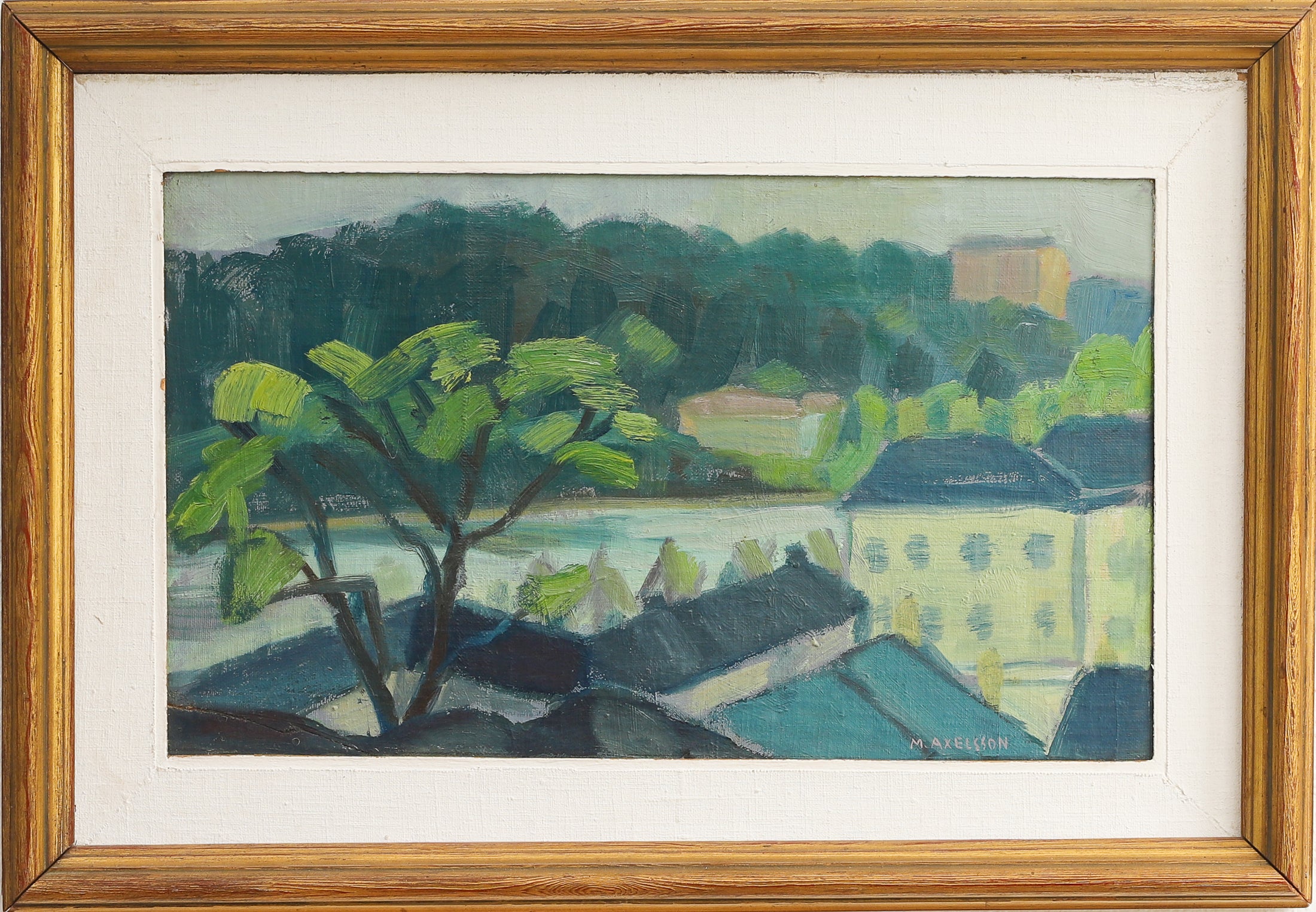 Vintage Mid century Original Cityscape Oil Painting from Sweden