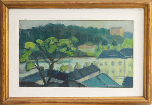 Vintage Mid century Original Cityscape Oil Painting from Sweden