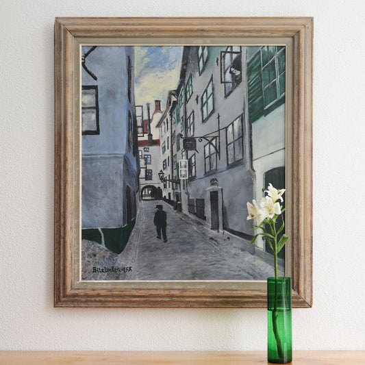 Vintage Art Original Cityscape Oil Painting from Sweden 1935