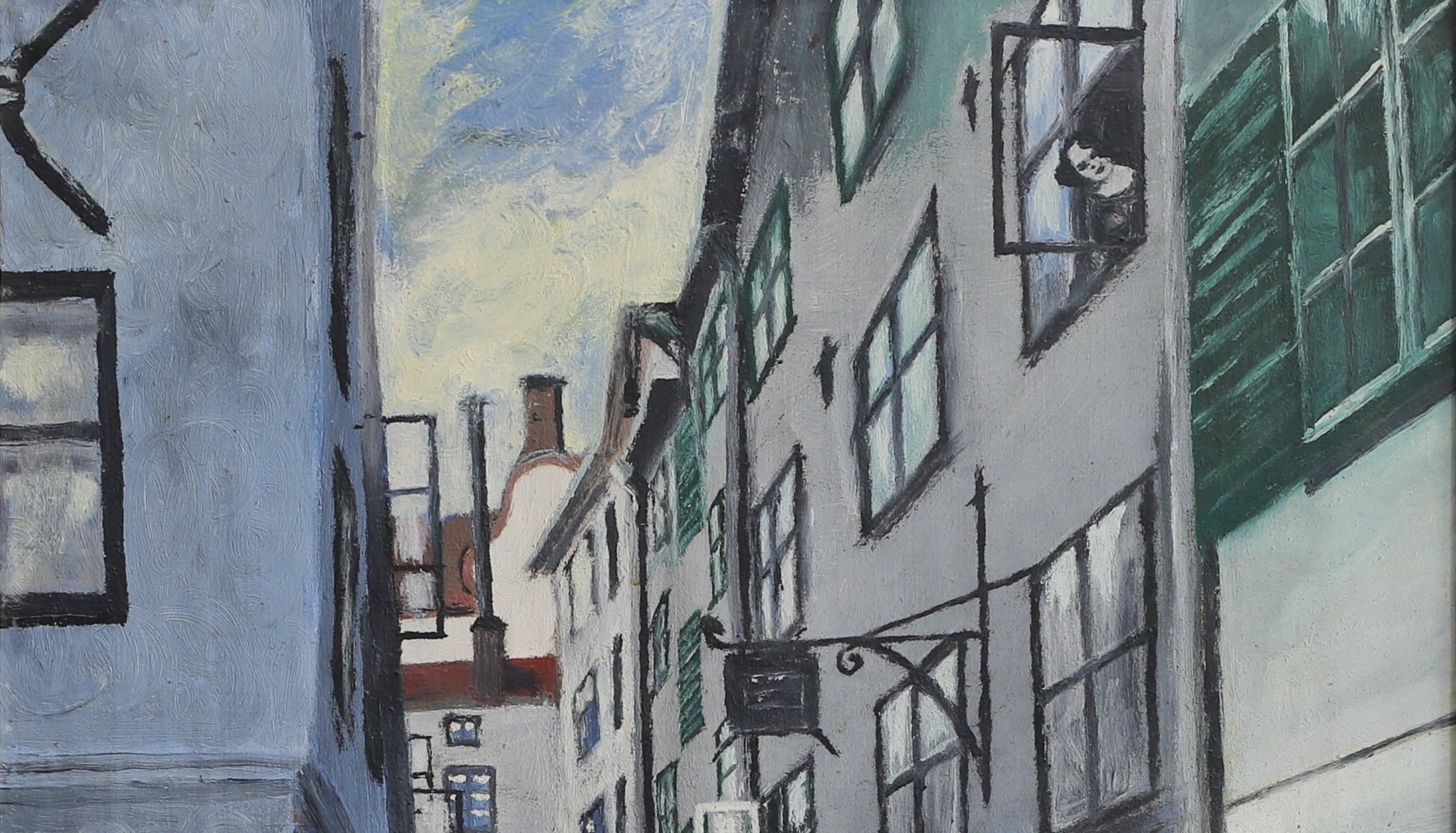 Vintage Art Original Cityscape Oil Painting from Sweden 1935