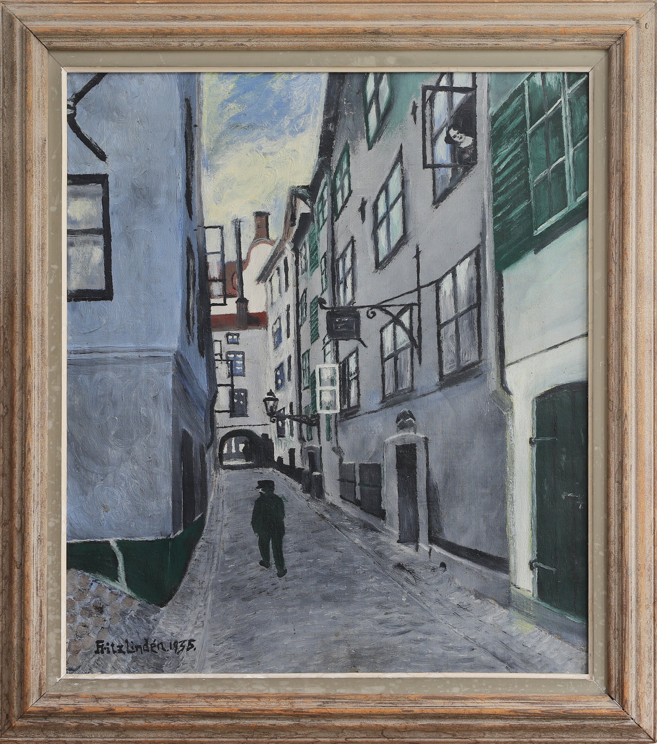 Vintage Art Original Cityscape Oil Painting from Sweden 1935