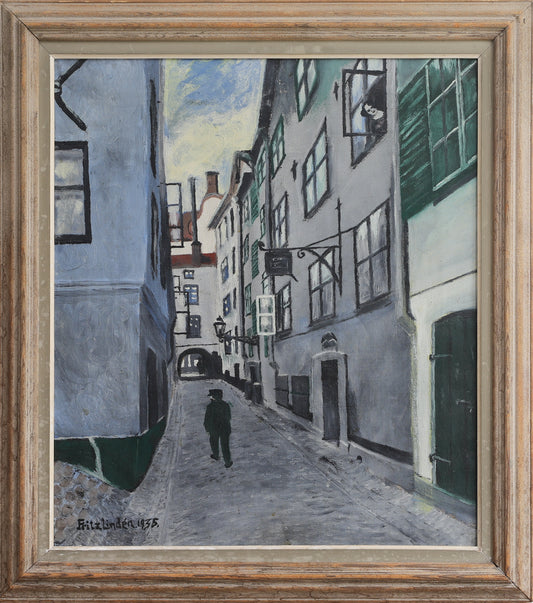 Vintage Art Original Cityscape Oil Painting from Sweden 1935