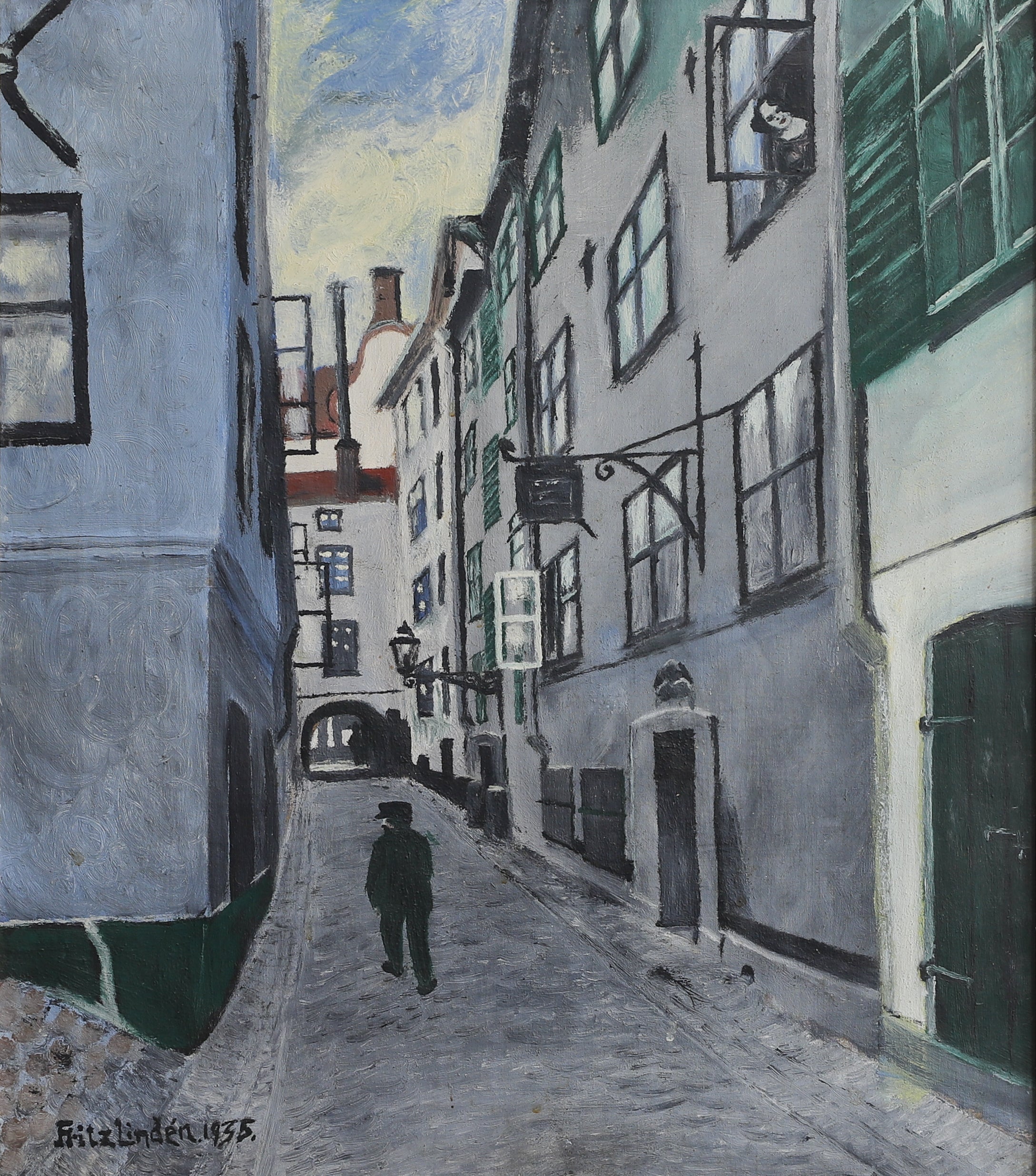 Vintage Art Original Cityscape Oil Painting from Sweden 1935