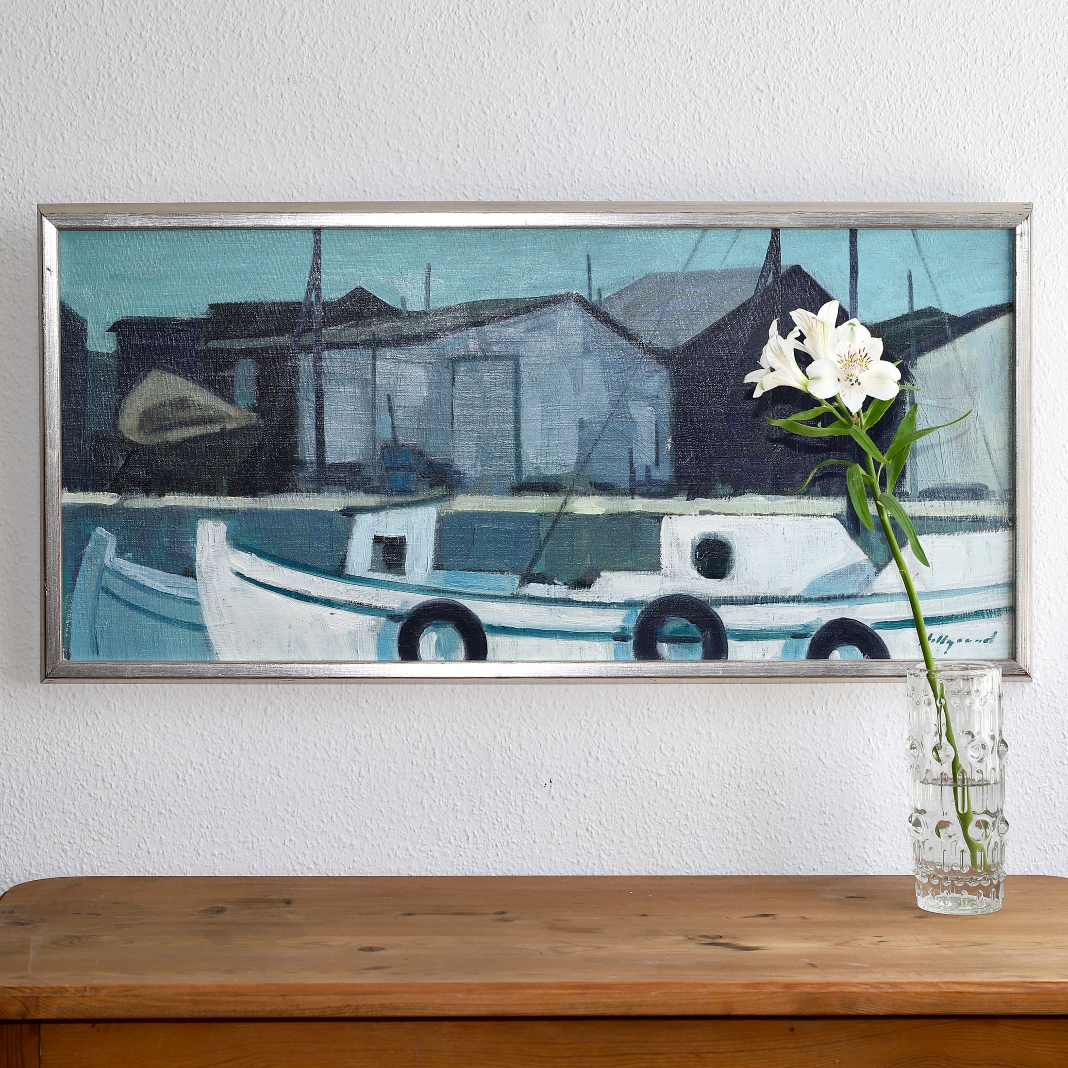 Stunning Original Mid Century Harbor Oil Painting from Sweden