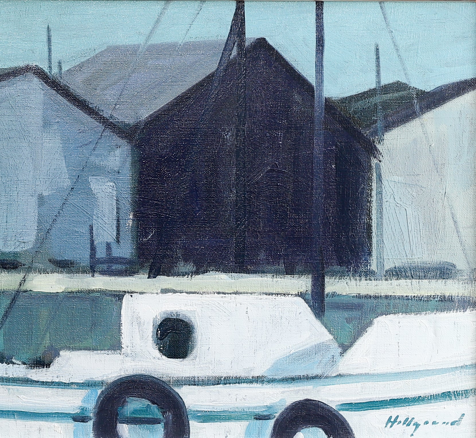 Stunning Original Mid Century Harbor Oil Painting from Sweden