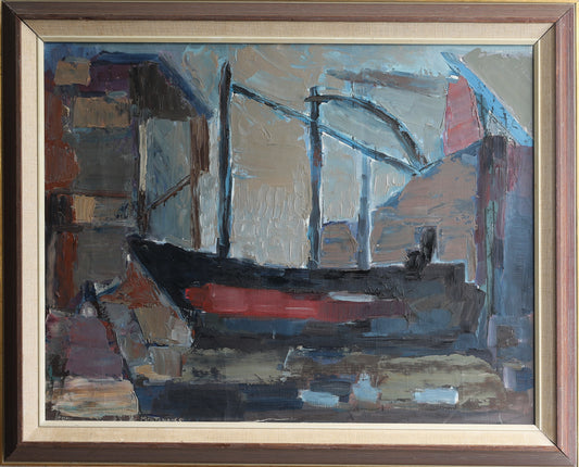 Vintage Mid Century Oil Painting of Boat in Harbor from Sweden