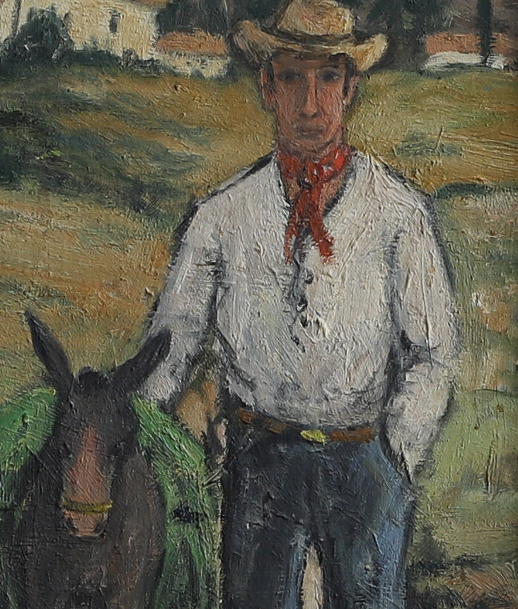 Vintage Art Mid Century Original Oil of Man with Donkey