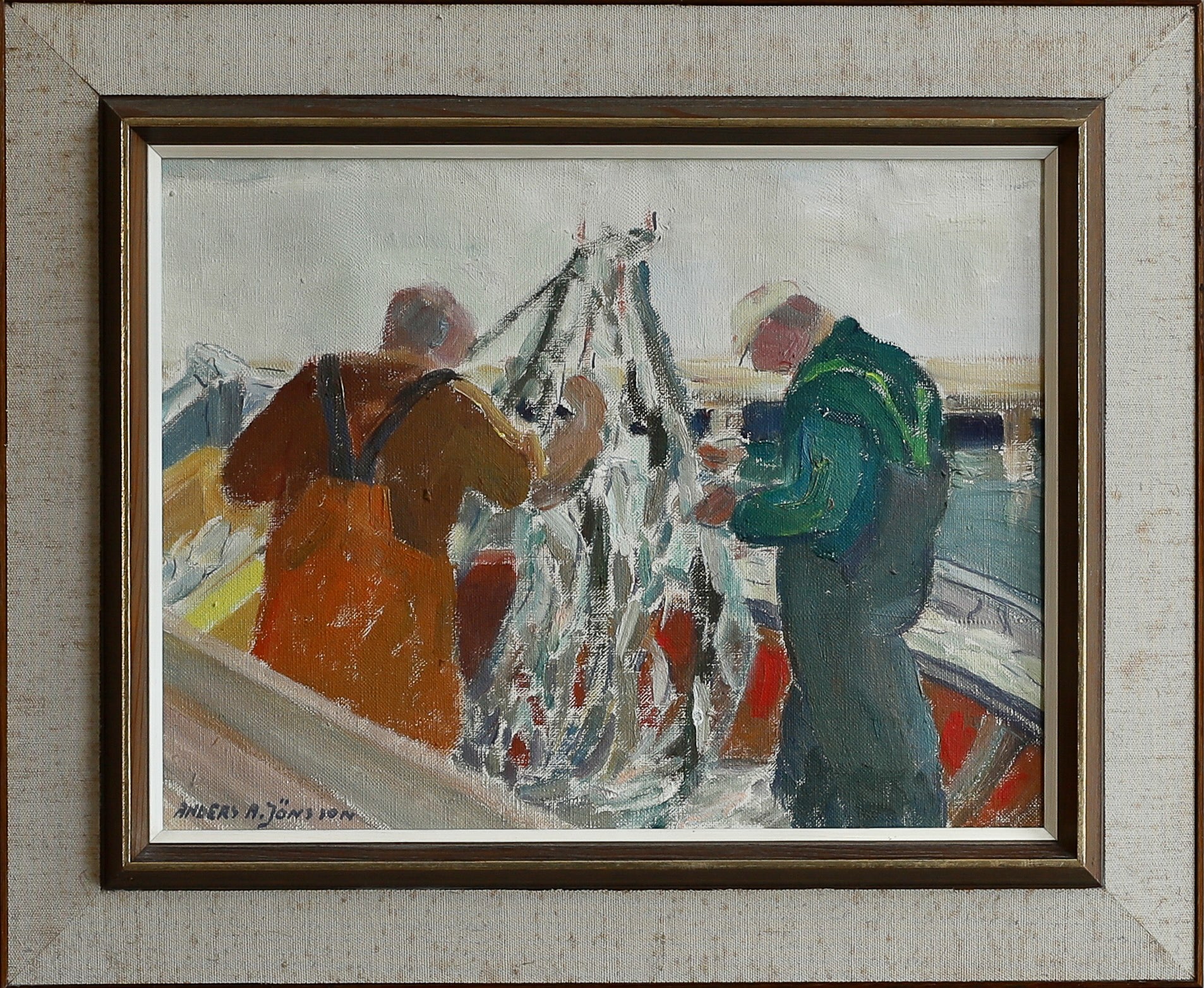 Vintage Mid Century Original Fishermen Oil Painting from Sweden