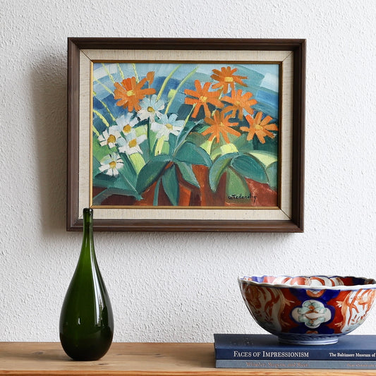 Mid Century Vintage Original Floral Oil Painting from Sweden