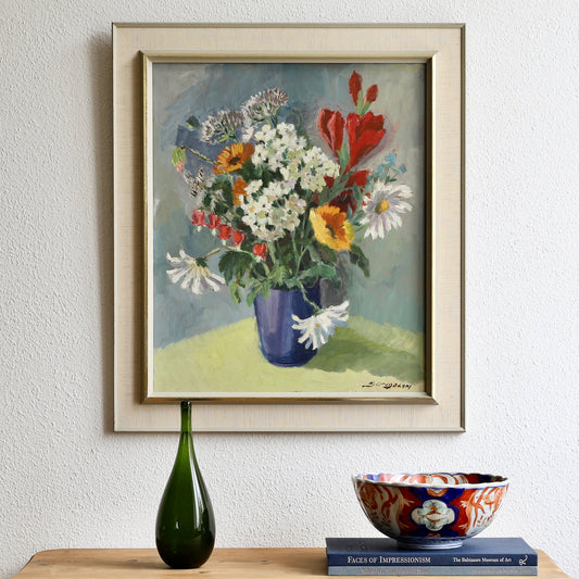 Vintage Art Original Mid Century Floral Still Life Oil Painting