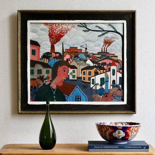 Vintage Art Original Village Scene Oil Painting from Sweden