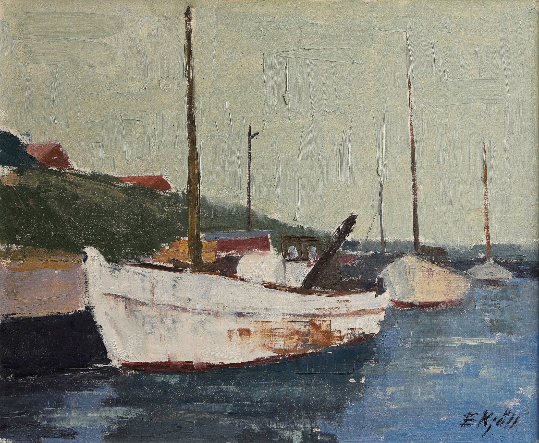 Mid Century Original Harbor Scene Oil Painting From Sweden
